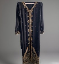 XL Modest Ethnic Abaya Kaftan Maxi Evening Dress Muslim Black Gold Beaded