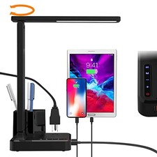 LED Desk Lamp with 2 USB Charging Ports,1 AC Outlet,2 Pen Holders,3 Black