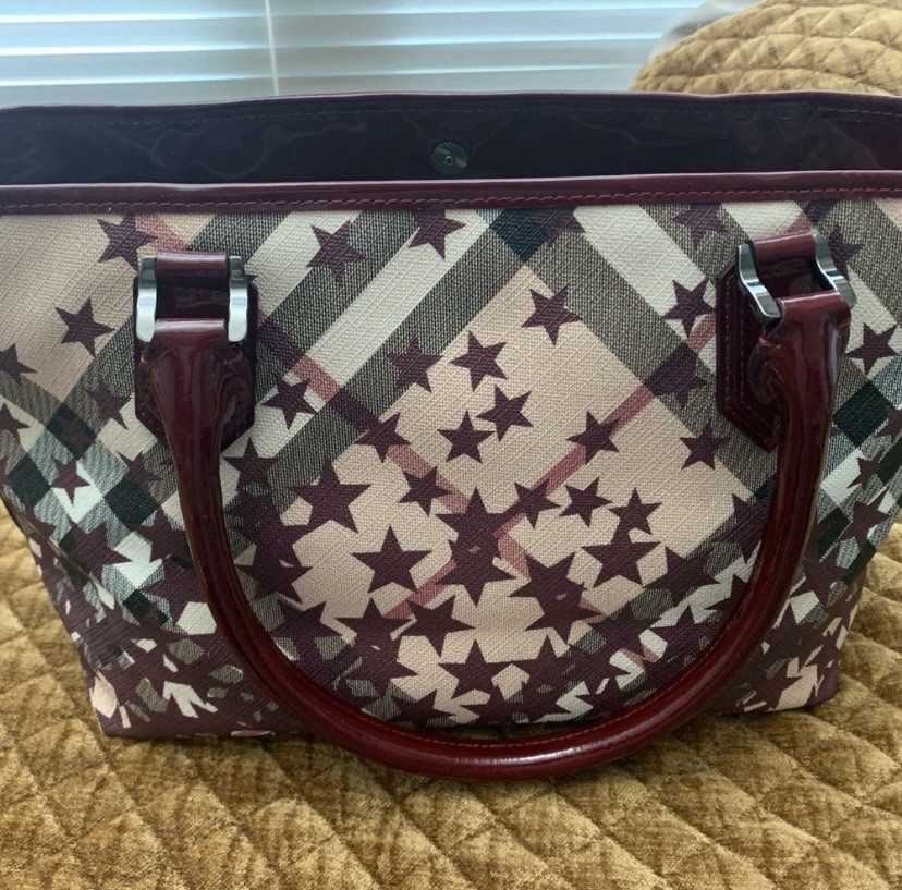 Burberry Star Print Checkered Patent Leather Trim Burgundy Tote Bag