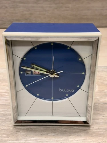 BULOVA  Mid-Cent. Alarm Clock RARE BLUE #51103 Analog Wind Up Day Date Works