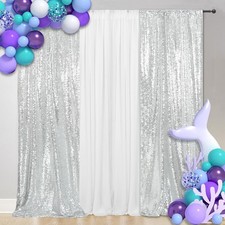 2 PCS Silver Sequin Curtains Photo Backdrop Wedding Party Christmas 2x8 ft