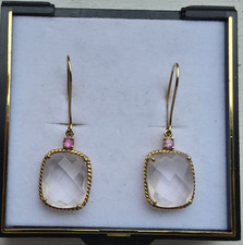 [9CT] GOLD ROSE QUARTZ DANGLE EARRINGS [HALLMARKED] [4.63G]