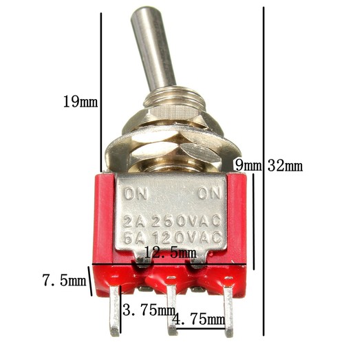 1 Pcs Red 3 Pin ON-ON Mini Toggle Switch 3 Position SPDT AC 6A/125V 3A/250V New - Picture 5 of 5