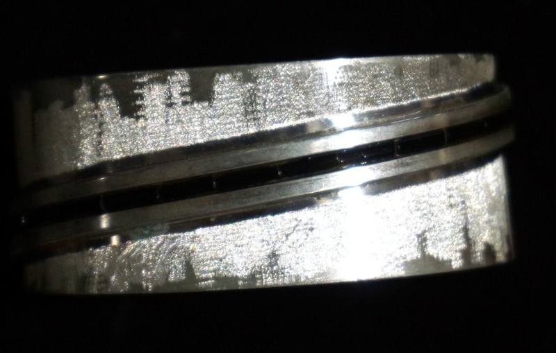 WIDE CUFF BRACELET STERLING SILVER ONYX INLAY TEWA TRIBE SIGNED FEATHER DESIGN