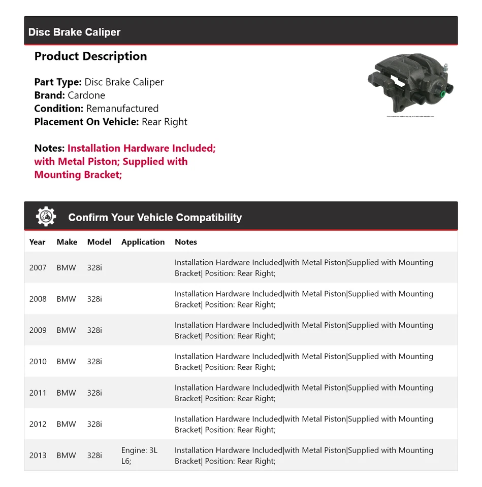 Pinça de freio a disco traseira direita Cardone 2008 2009 2010 2011 para 2007-2013 BMW 328i - Imagem 2 de 4