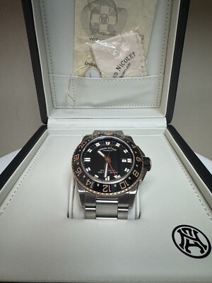 Armand Nicolet GMT Black/Rose Gold Bezel 44m Automatic SWISS MADE Box Papers