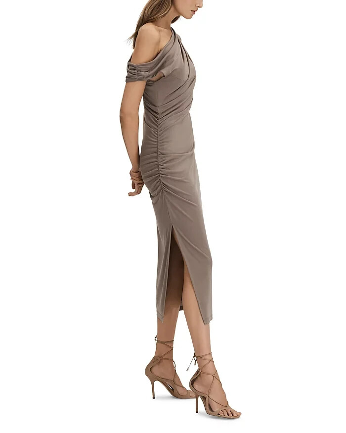 【海外限定】REISSワンピース☆Mocha Fern Bodycon Ruched Midi $210 REISS Fern Draped Bodycon Ruched Midi Dress | Mocha