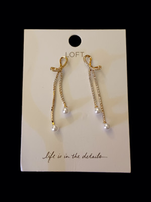 Loft Gold Tone Clear Crystal Faux Pearl Bow Stud Earrings 2.5'' New 