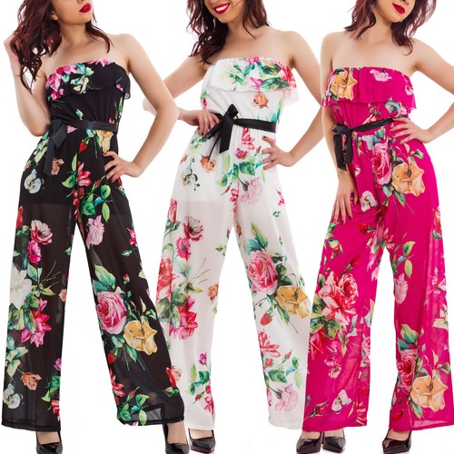 Overall donna tuta intera jumpsuit elegante pantaloni fiori bandeau VB-8717  | eBay