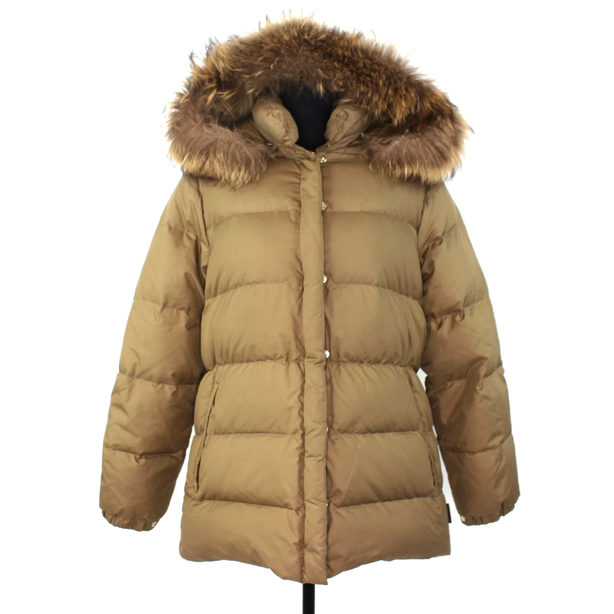 Moncler Camel Tan Down Filled Puffer Racoon Fur Trim Hooded Coat