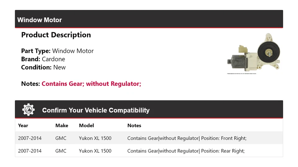 Para GMC Yukon XL 1500 2007-2014 Ventana Motor Cardone 2008 2009 2010 2011 2012 Foto 2 de 4