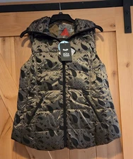 New! MY ANORAK Size L Quilted Down Hooded Vest Full Zip Mushroom Paisley w Bag