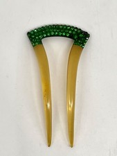 ART DECO Green Rhinestone Celluloid Faux Tortoise Shell Hair Comb Antique