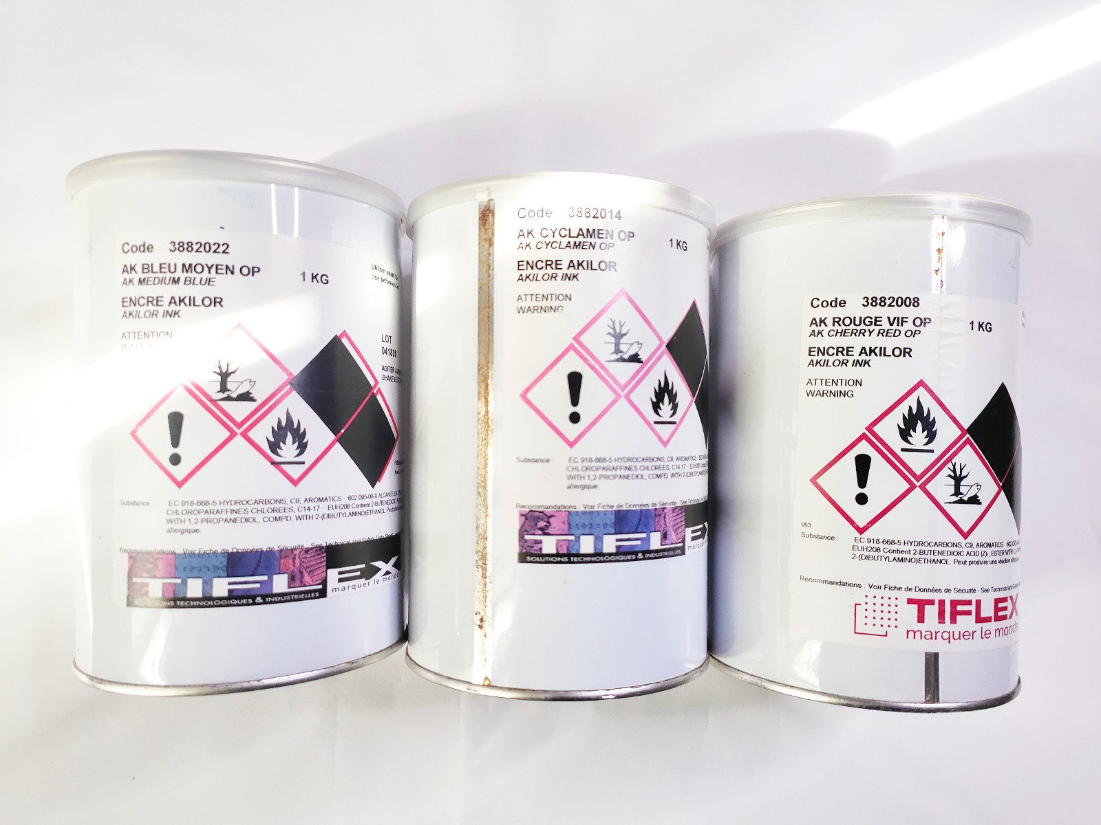 Encre sérigraphie de prestige Tiflex Akilor, pigments d'excellence pour plastique, 3 x 1 kg