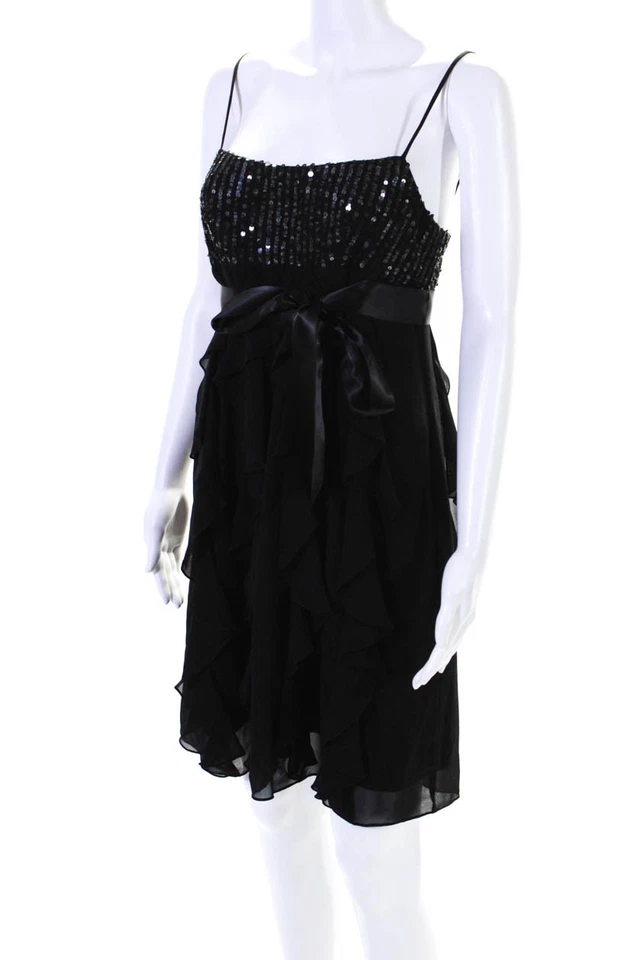 Vestido negro BCBG Max Azria para mujer bordado con lentejuelas con volantes y cremallera atada talla 8P Foto 2 de 4