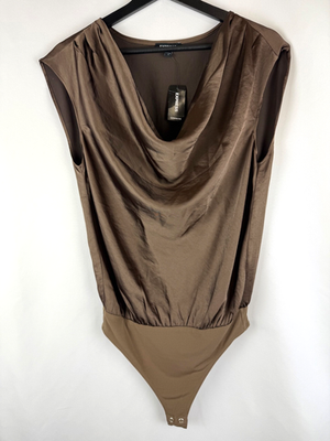 #ad NEW Express Brown Shimmer Cap Sleeve Drape Neck Snap Thong Bodysuit Small S $24.00