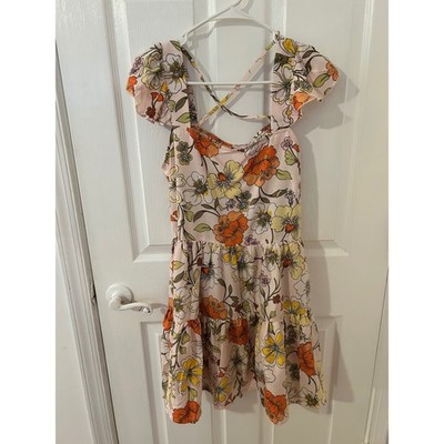 NWT Lottie & Holly Floral Med Mini Dress Pink Orange Flutter Sleeve Lace Up Back