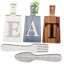 Cutting Board Eat Sign Set Hanging Art Kitchen Eat Sign Gray, White, Brown