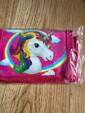 Girls Pink Multicolor Unicorn Rainbow Trifold Wallet Hook Loop Nylon