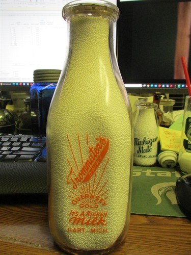 Hart, Mich. Trommater's Dairy tall SPQ Milk Bottle orange pyro MICHIGAN MI