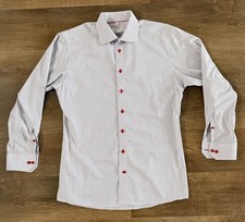 Eton Contemporary Check Dress Shirt Size 41 / 16 White Blue Red Accent Buttons