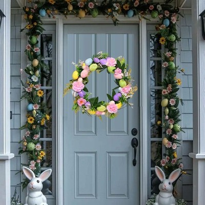 Easter Eggs Wreath for Front Door Round Wall Hanging Creative Ornament Spring
