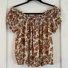 Free People FP One Suki Off the Shoulder Blouse Floral Medium Cream Brown Olive