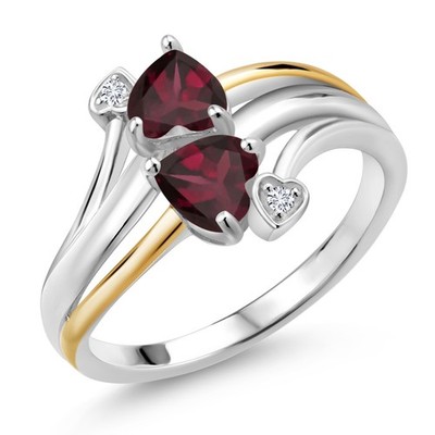 925 Sterling Silver and 10K Yellow Gold Rhodolite Garnet 2 Heart Promise Couple