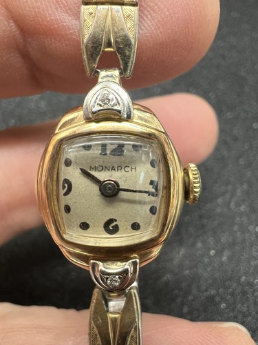 Monarch Mid Century 14 K / Diamanten Damen Armbanduhr Art Deco Zifferblatt - Bild 8 von 10