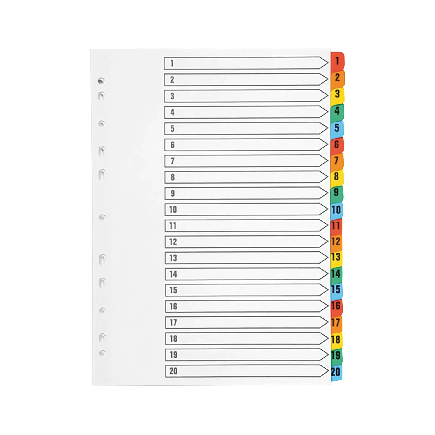 1-20 Index Multi-punched Reinforced Multi-Colour Numbered Tabs A4 White KF01521