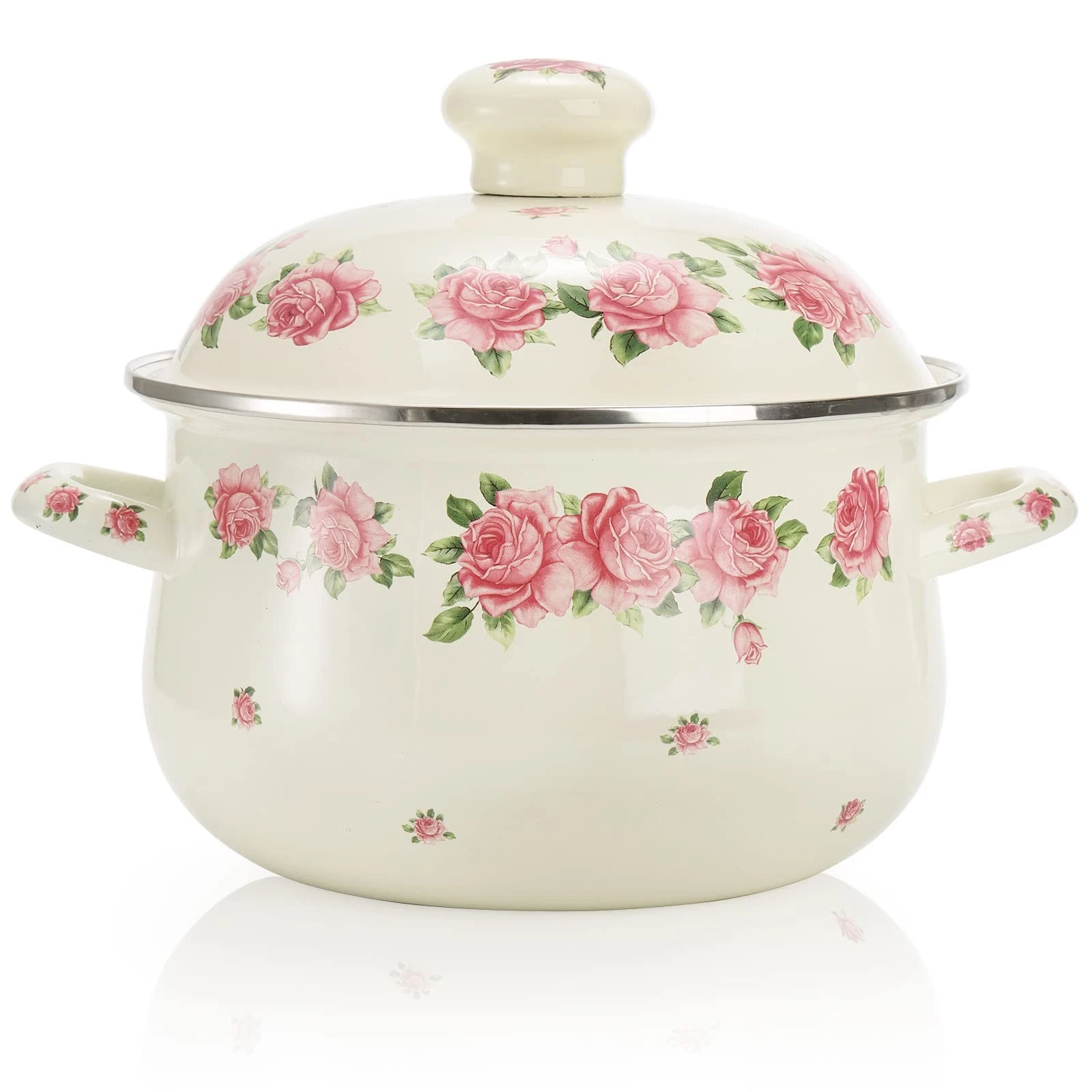 Enamel Stockpot with Lid, 2.8 Quart Retro Cooking Pot, Vintage Floral Stew Be...