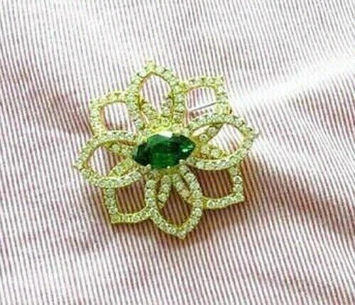 Broche feminino folheado a ouro amarelo 14K corte marquesa simulado esmeralda 2,00 quilates - Imagem 2 de 3