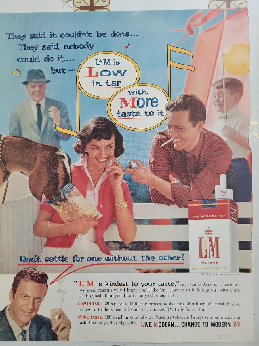1959 L&M cigarettes James Arness woman feeding animal man smoking vintage ad