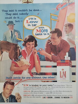 animals smoking cigarettes ad 1959 L&M cigarettes James Arness woman feeding animal man smoking vintage  ad