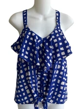 B Sharp Blue White Geometric Print Top Front Tie Racer Back Ruffle Junior Medium