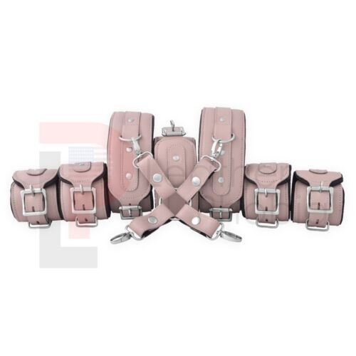 Real Cow Leather Wrist, Ankle, Thigh Cuffs, Collar Restraint Bondage Set 7 Piece