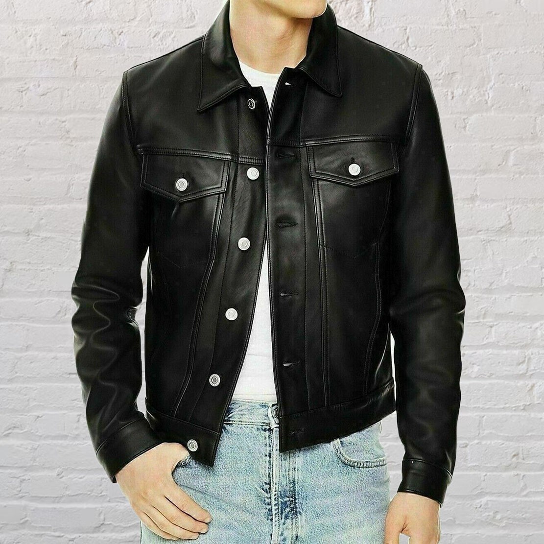 New Men's Genuine Black Lambskin Leather Shirt Jacket Stylish Slim Fit Shirt