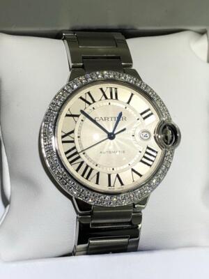 Cartier Ballon Bleu 42mm Pave Diamonds Automatic Stainless Steel Watch Gift