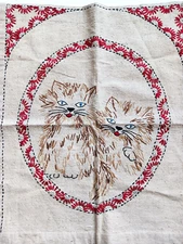 Vintage Hand Embroidered Wall Hanging w 2 Happy Cats Red Flower Border Molter Co