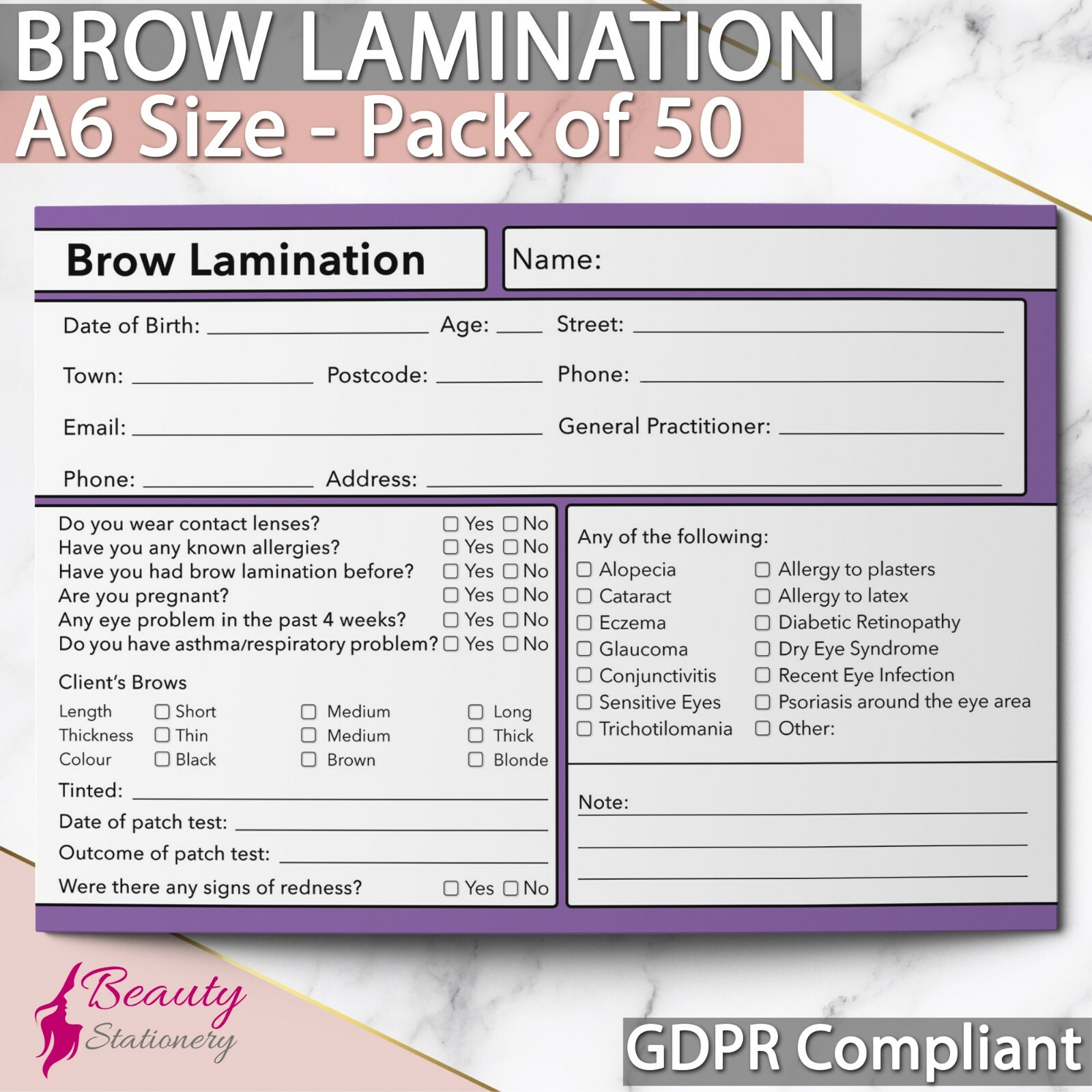 Brow Lamination Client Record Card GDPR Compliant Consultation Beauty x50