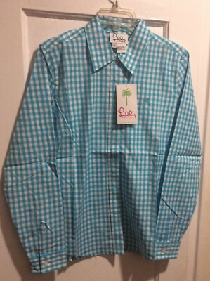 NWT $98 LILLY PULITZER Blue Gingham Logo Button-Down 100% Cotton Blouse Sz 6 