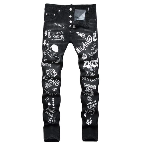 Men's Black Denim White Letter Printed Button Ripped Casual Pants Jeans Trousers - Picture 11 of 13