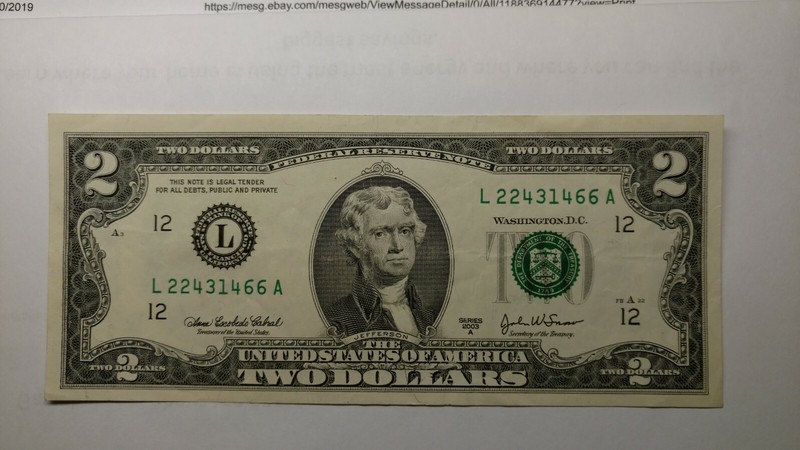 FR-1938L-2003 A Federal Reserve Note Crisp Uncirculated $2.00 Bill. 