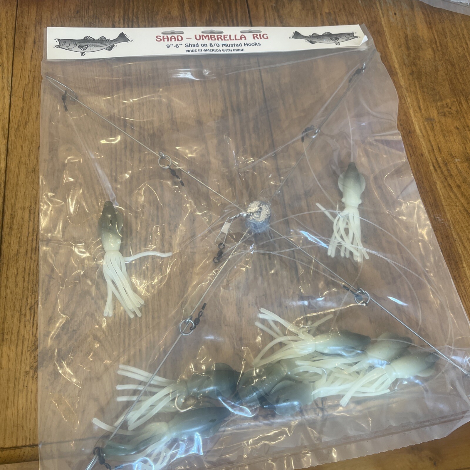 9” Umbrella Rig 4 Arm 11” With 5.5” Squid (9)  8/0 Mustad New Pkg Gray Glow New - Image 7