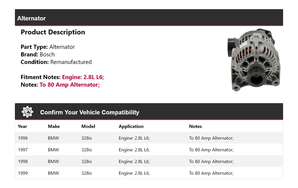Alternador Bosch para BMW 328is 1996-1999 2,8 L L6 (remanufacturado) 1997 1998 Foto 2 de 4