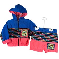 Vintage Surf All The Time Windbreaker Shorts Set Kids 18M Pink Neon 90s Beach