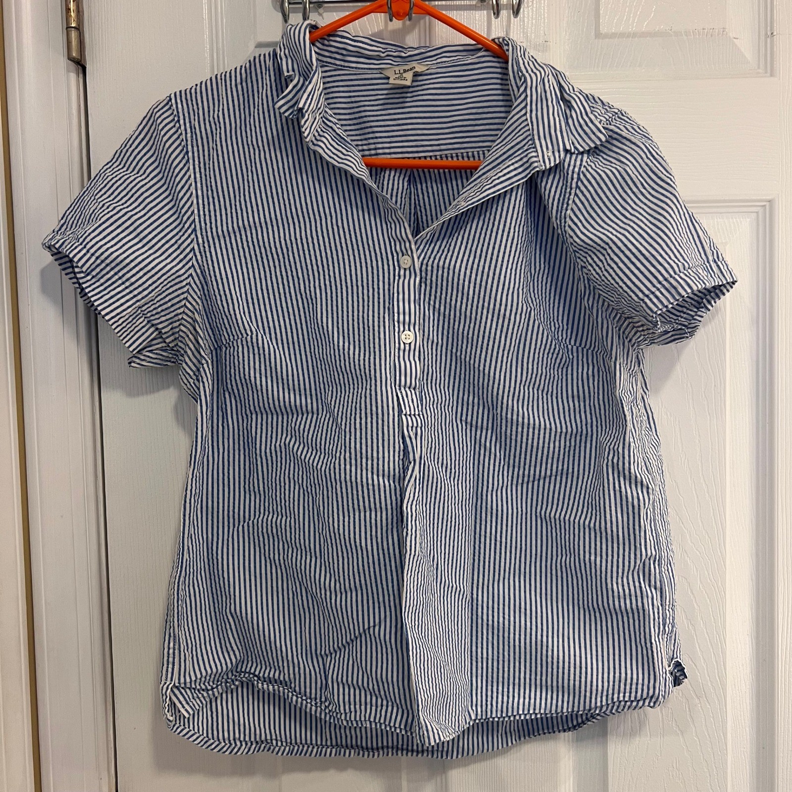 L.L.Bean Women's Blue White Striped Short Sleeve 1/4 Button Down Shirt