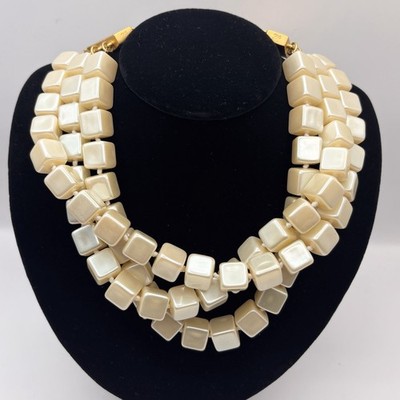 Karl Lagerfeld Necklace Choker Cube Faux Pearl triple strand gold plated Vintage