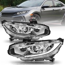 For 2016-2021 Honda Civic Halogen Chrome Clear Headlights Assembly Pair