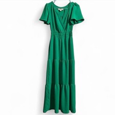 Monteau Green Tiered Maxi Dress Smocked Waist Flutter Sleeve V-Neck Bohemian XS￼